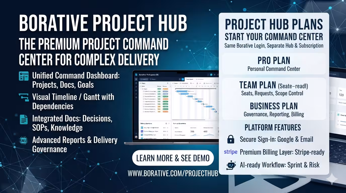 Borative Project Hub — project command center with timeline and docs