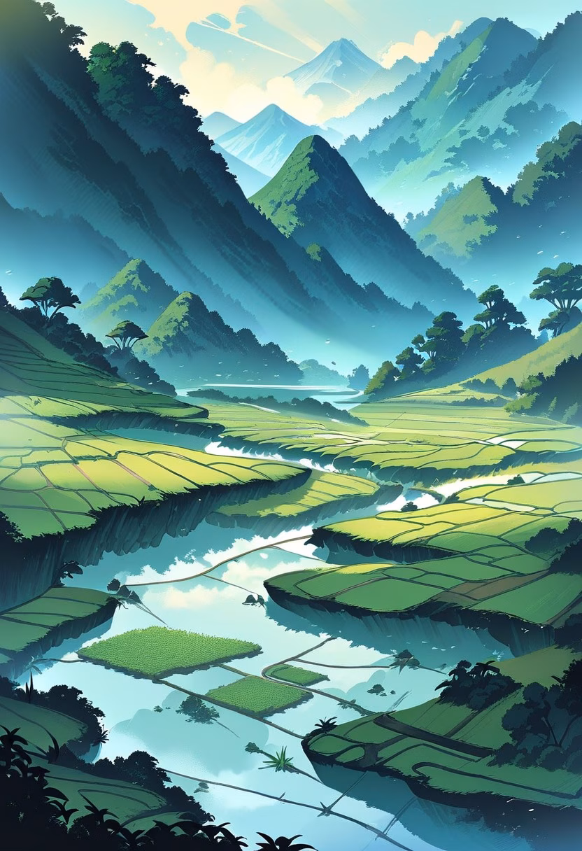 Emerald Rice Terraces — view 2 — cascading rice terraces, emerald green paddies, mountain backdrop, morning mist, farmers path, stepped fields, southeast