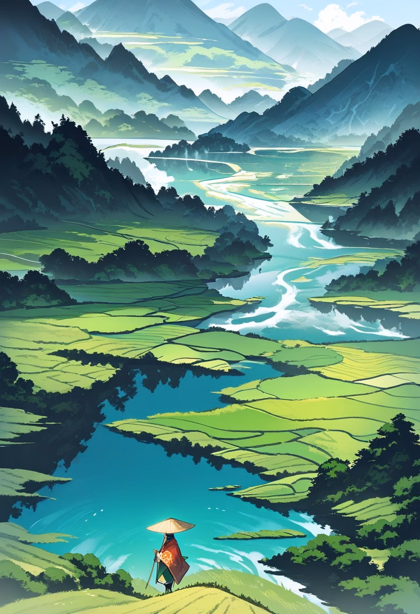Emerald Rice Terraces — view 3 — cascading rice terraces, emerald green paddies, mountain backdrop, morning mist, farmers path, stepped fields, southeast