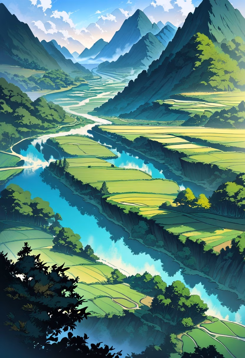 Emerald Rice Terraces — view 4 — cascading rice terraces, emerald green paddies, mountain backdrop, morning mist, farmers path, stepped fields, southeast