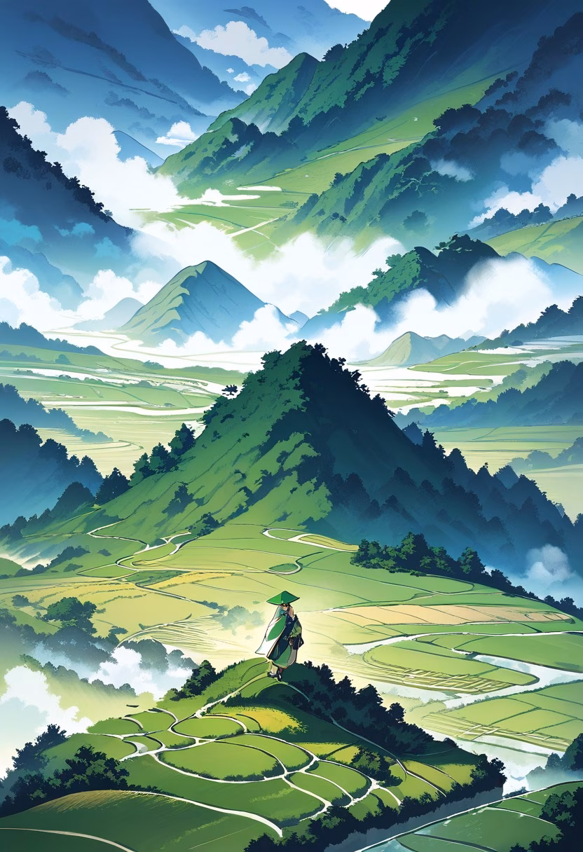 Emerald Rice Terraces — view 5 — cascading rice terraces, emerald green paddies, mountain backdrop, morning mist, farmers path, stepped fields, southeast