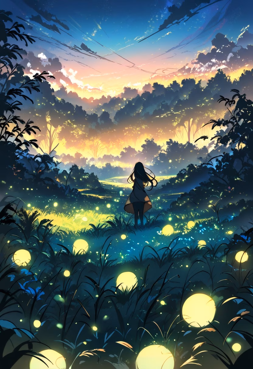 Firefly Summer Meadow — view 1 — meadow full of fireflies, dusk, glowing lights, tall grass, silhouetted trees, summer night, magical, nature, detailed g