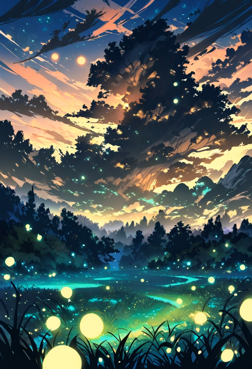 Firefly Summer Meadow — view 2 — meadow full of fireflies, dusk, glowing lights, tall grass, silhouetted trees, summer night, magical, nature, detailed g