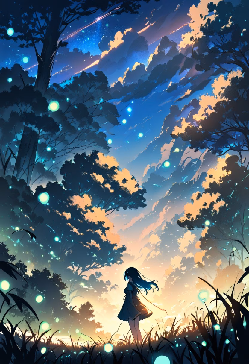 Firefly Summer Meadow — view 3 — meadow full of fireflies, dusk, glowing lights, tall grass, silhouetted trees, summer night, magical, nature, detailed g