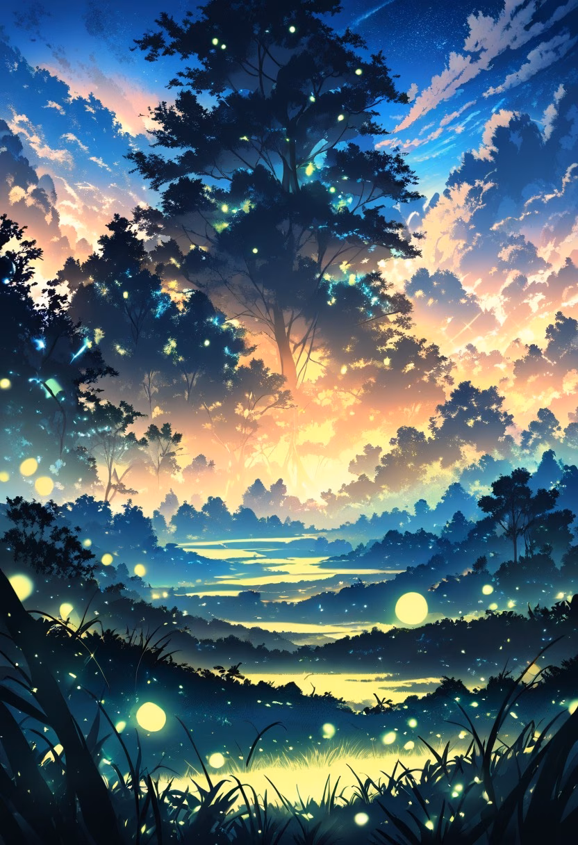 Firefly Summer Meadow — view 4 — meadow full of fireflies, dusk, glowing lights, tall grass, silhouetted trees, summer night, magical, nature, detailed g