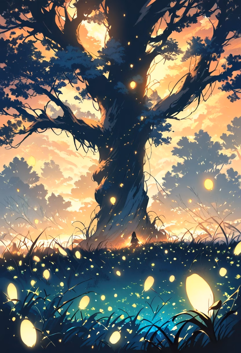 Firefly Summer Meadow — view 5 — meadow full of fireflies, dusk, glowing lights, tall grass, silhouetted trees, summer night, magical, nature, detailed g