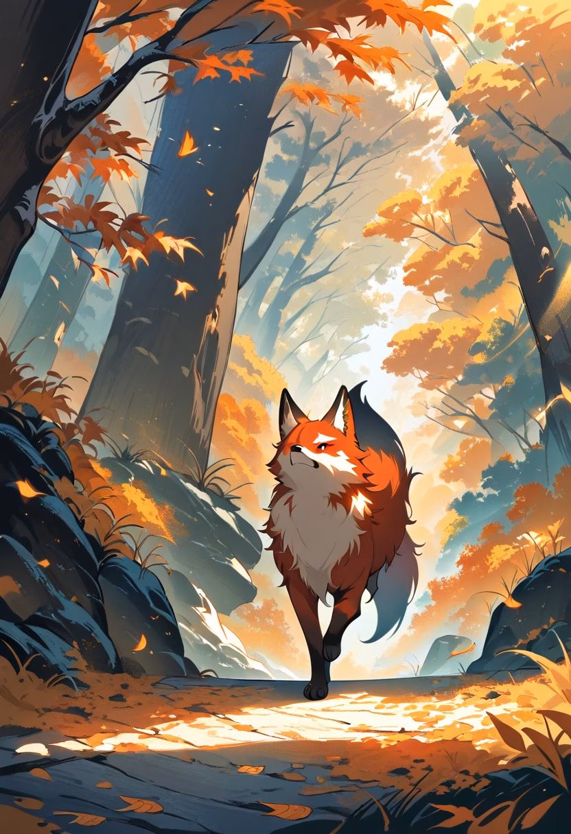 Red Fox in Autumn — view 1 — red fox walking through autumn forest, orange leaves, golden sunlight, woodland path, alert expression, detailed fur, pe