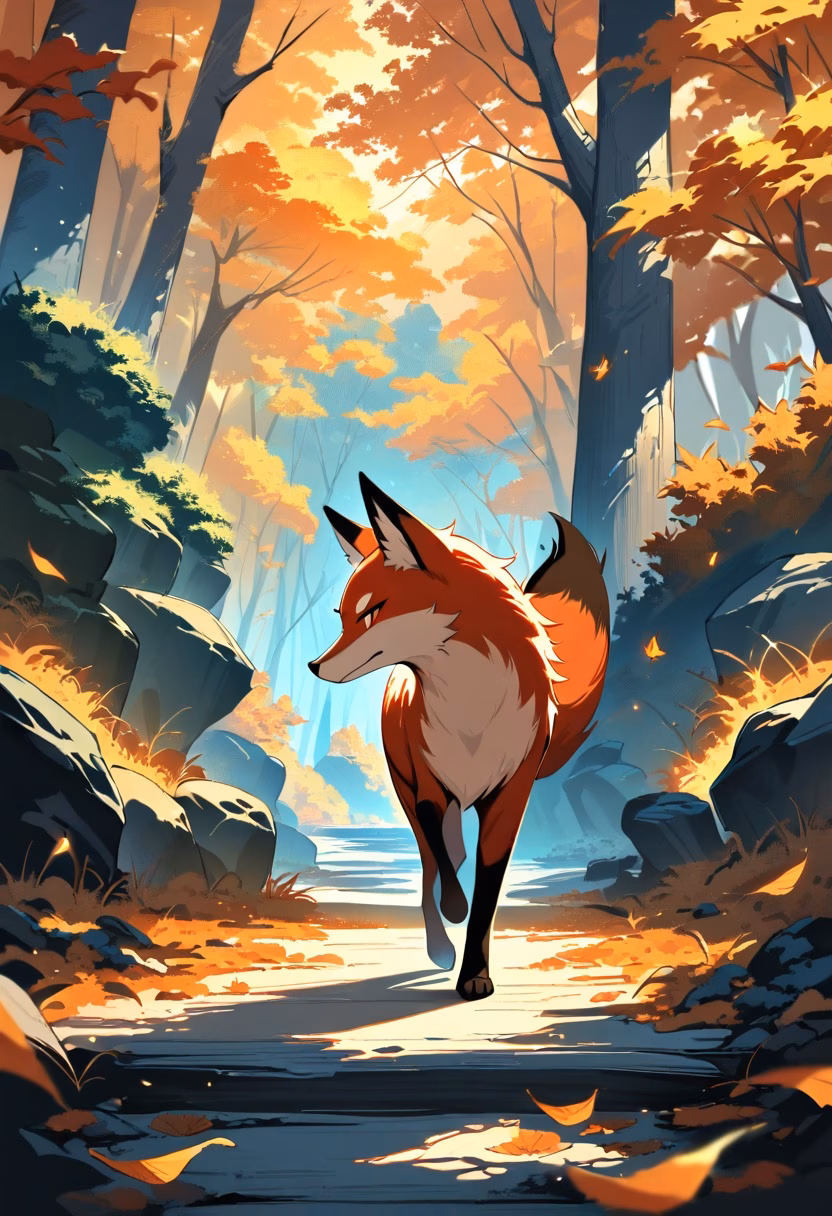 Red Fox in Autumn — view 2 — red fox walking through autumn forest, orange leaves, golden sunlight, woodland path, alert expression, detailed fur, pe