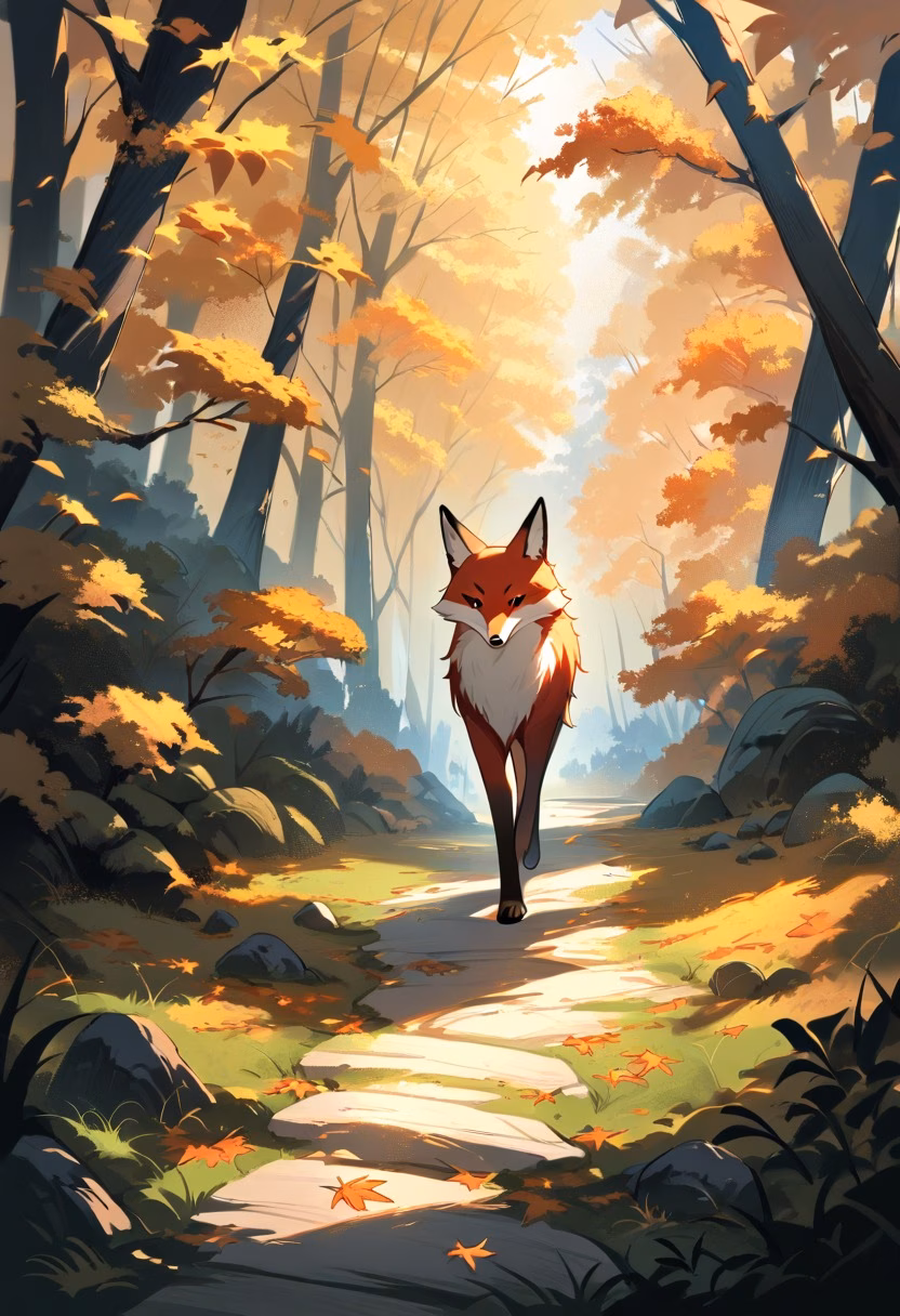 Red Fox in Autumn — view 3 — red fox walking through autumn forest, orange leaves, golden sunlight, woodland path, alert expression, detailed fur, pe