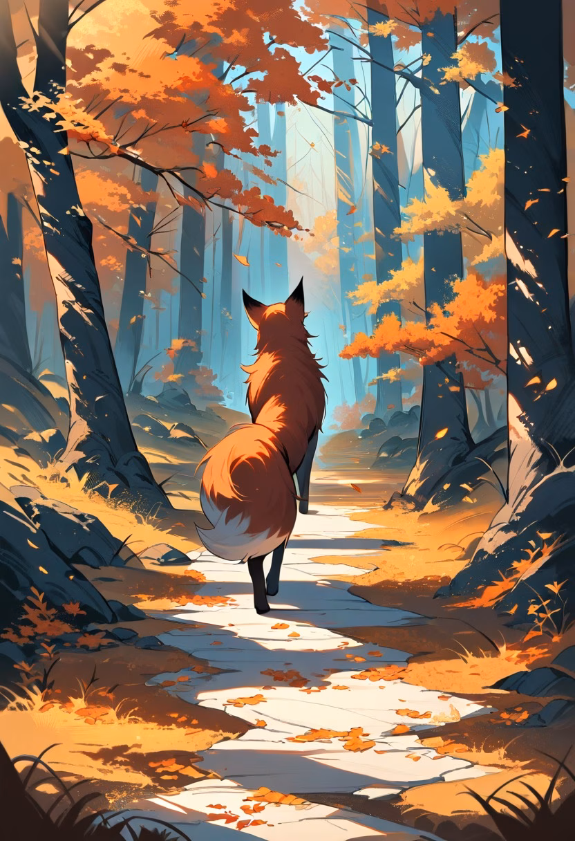Red Fox in Autumn — view 4 — red fox walking through autumn forest, orange leaves, golden sunlight, woodland path, alert expression, detailed fur, pe