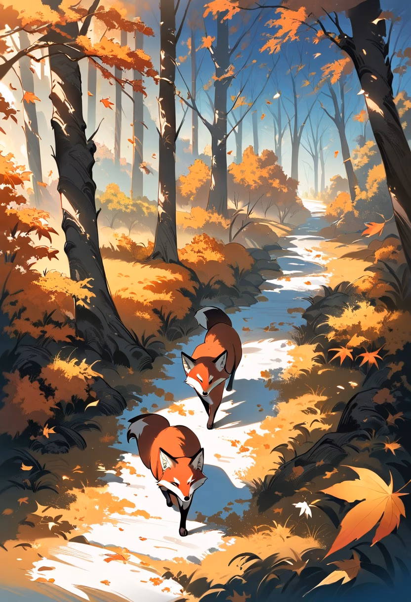 Red Fox in Autumn — view 5 — red fox walking through autumn forest, orange leaves, golden sunlight, woodland path, alert expression, detailed fur, pe