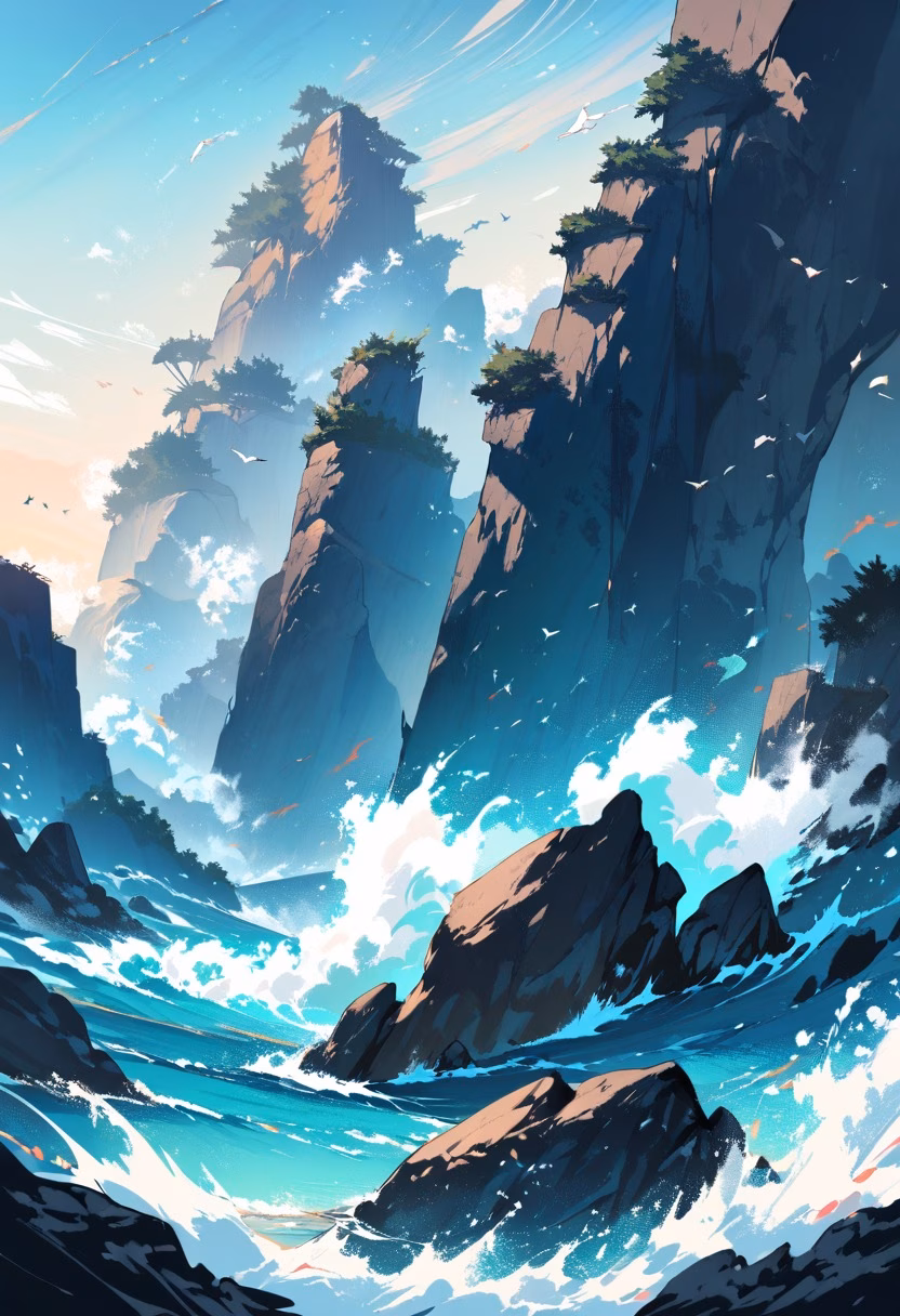 Cliffside Ocean View — view 1 — cliffside ocean viewpoint, turquoise sea, dramatic rocky cliffs, crashing waves, bright sky, coastal landscape, natural 