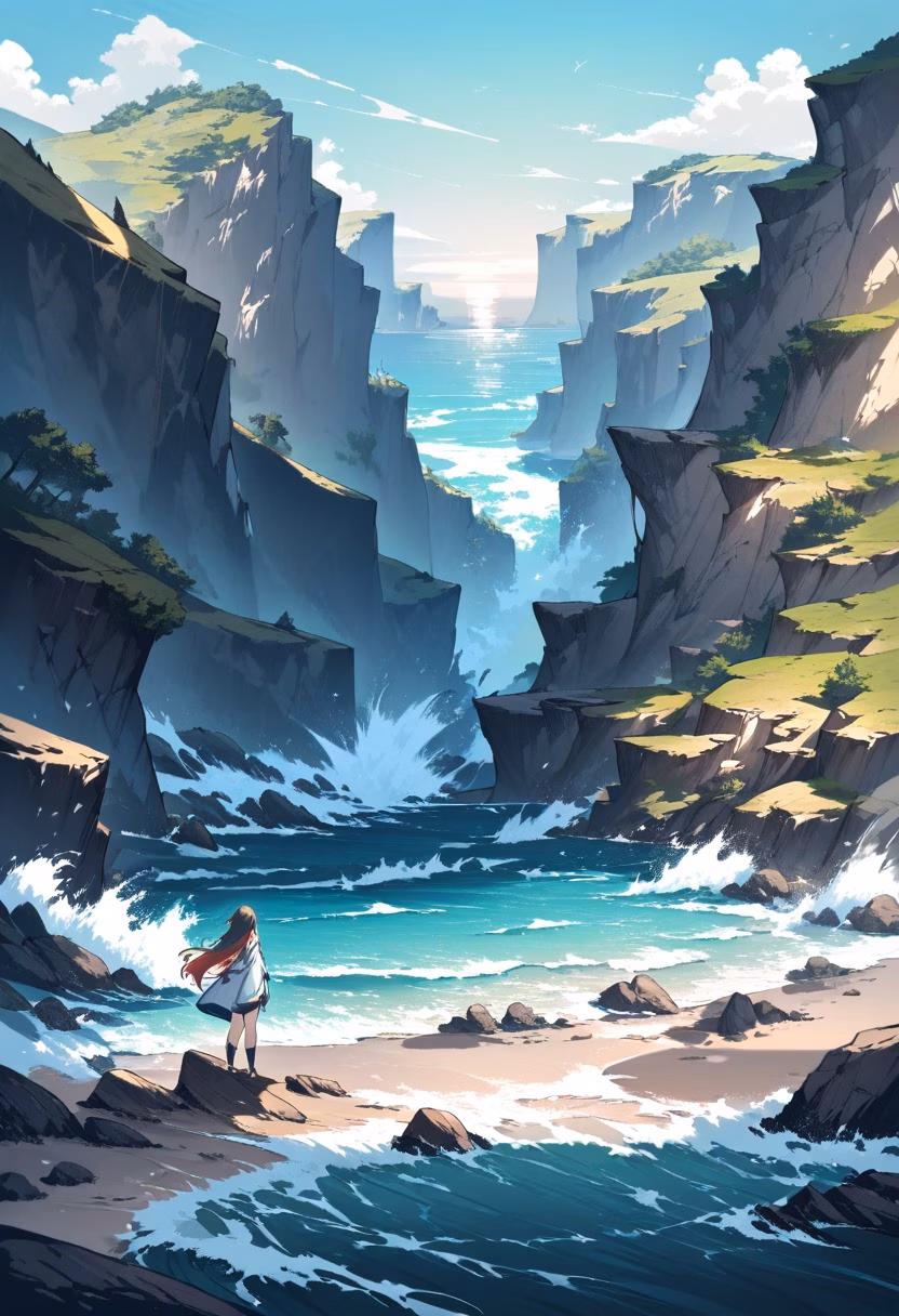 Cliffside Ocean View — view 2 — cliffside ocean viewpoint, turquoise sea, dramatic rocky cliffs, crashing waves, bright sky, coastal landscape, natural