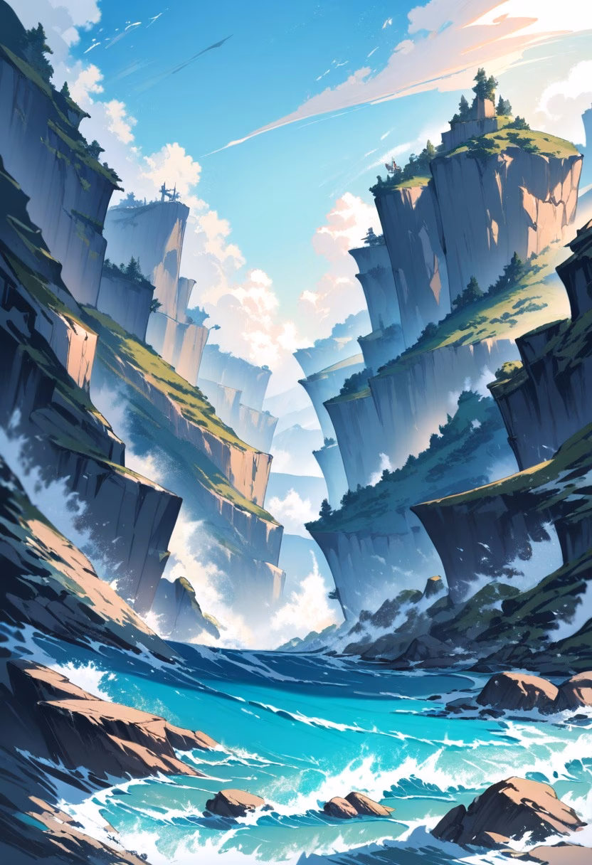 Cliffside Ocean View — view 3 — cliffside ocean viewpoint, turquoise sea, dramatic rocky cliffs, crashing waves, bright sky, coastal landscape, natural