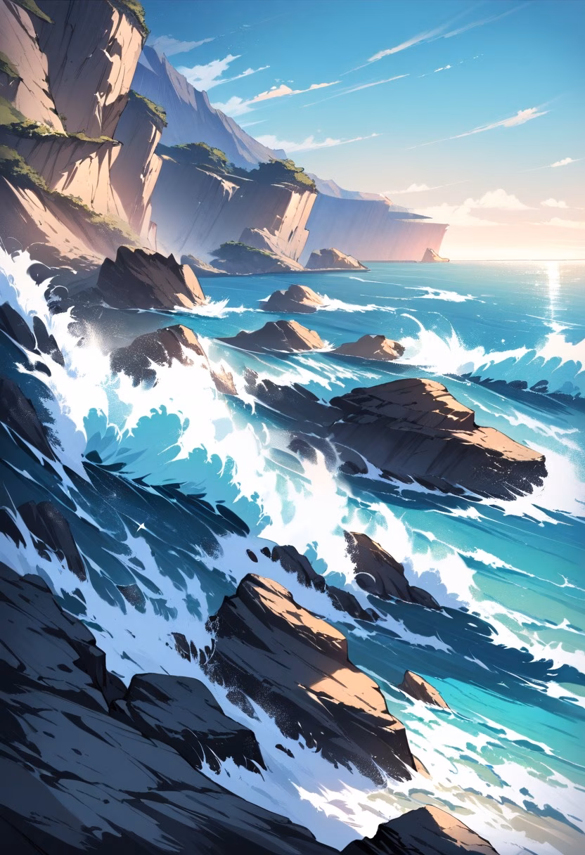 Cliffside Ocean View — view 4 — cliffside ocean viewpoint, turquoise sea, dramatic rocky cliffs, crashing waves, bright sky, coastal landscape, natural