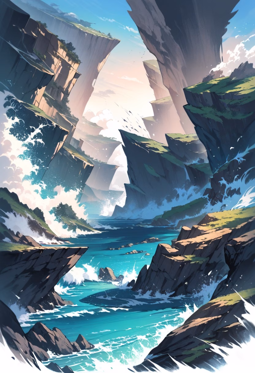 Cliffside Ocean View — view 5 — cliffside ocean viewpoint, turquoise sea, dramatic rocky cliffs, crashing waves, bright sky, coastal landscape, natural 