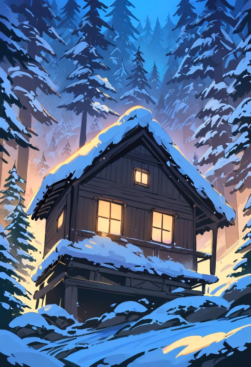 Snowy Forest Cabin — view 1 — cozy wooden cabin in snowy forest, glowing windows, chimney smoke, pine trees, evening snowfall, warm interior light, pe