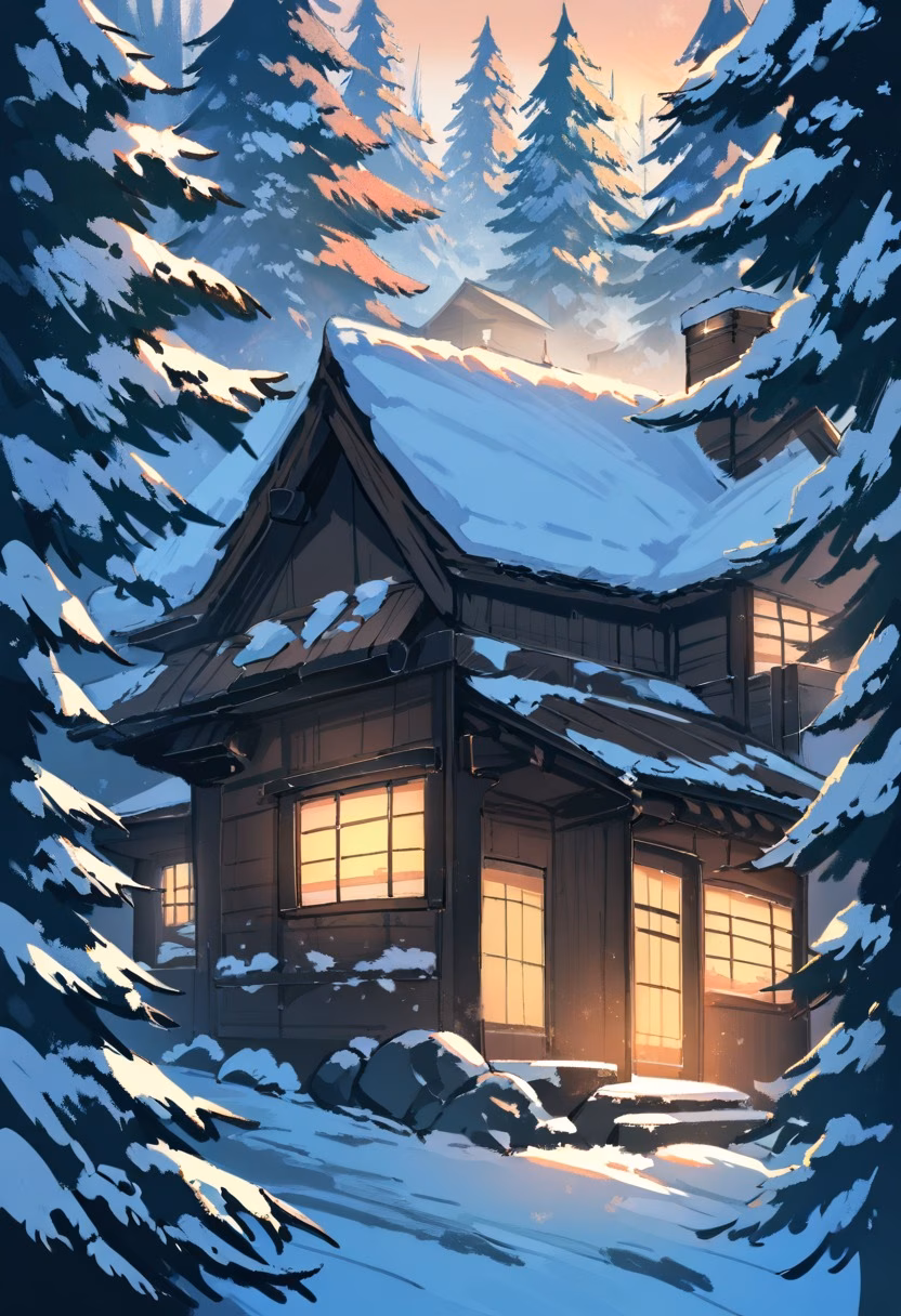 Snowy Forest Cabin — view 2 — cozy wooden cabin in snowy forest, glowing windows, chimney smoke, pine trees, evening snowfall, warm interior light, pe