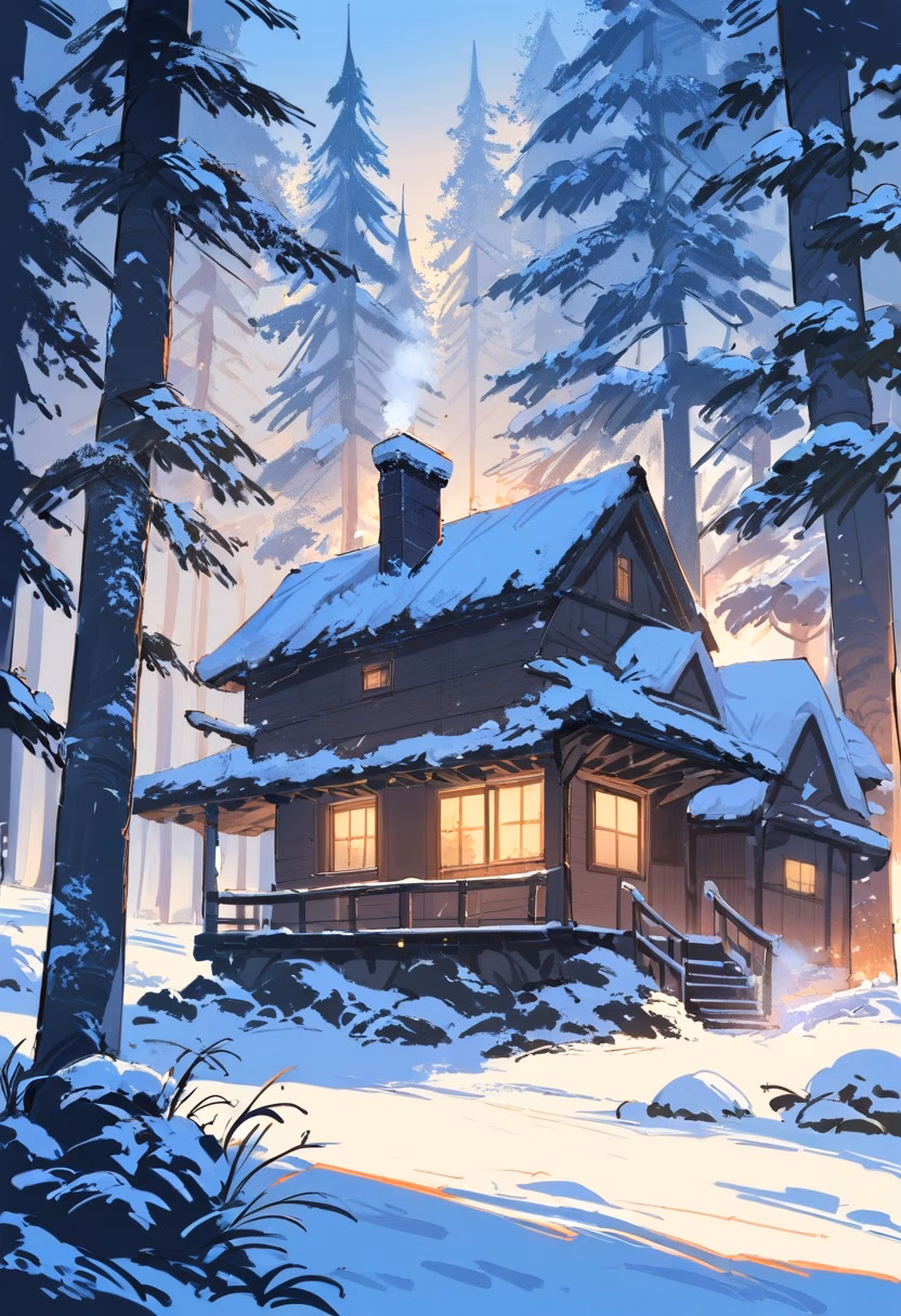 Snowy Forest Cabin — view 3 — cozy wooden cabin in snowy forest, glowing windows, chimney smoke, pine trees, evening snowfall, warm interior light, pe
