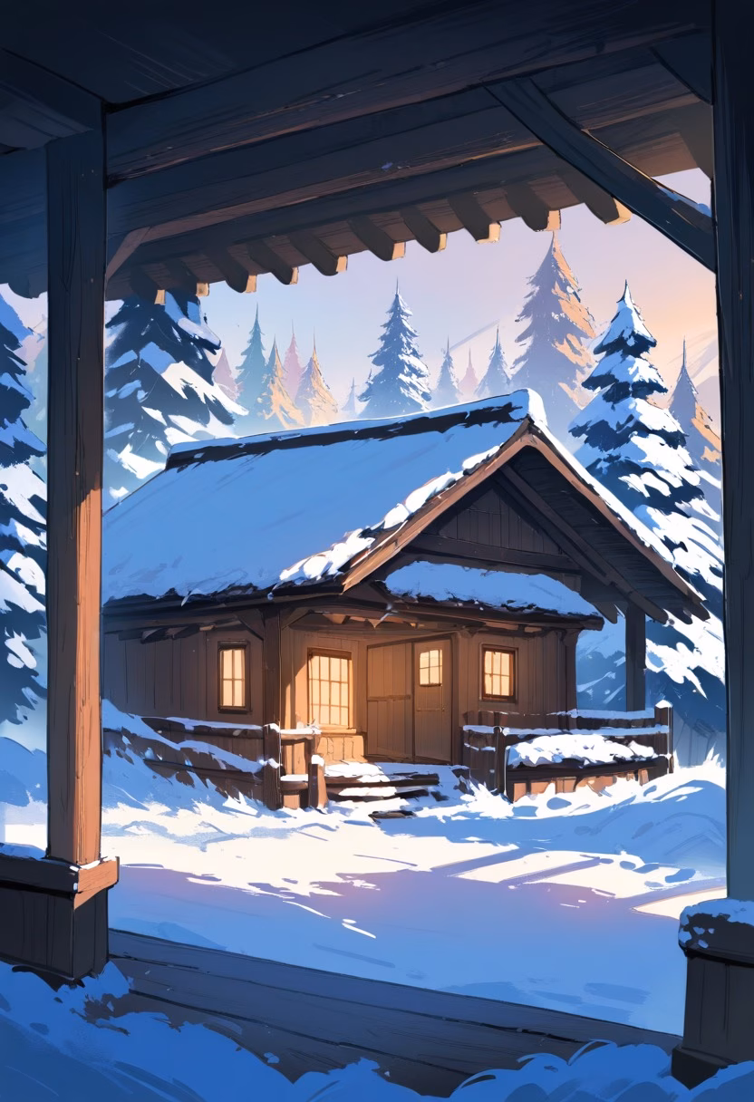 Snowy Forest Cabin — view 4 — cozy wooden cabin in snowy forest, glowing windows, chimney smoke, pine trees, evening snowfall, warm interior light, pe
