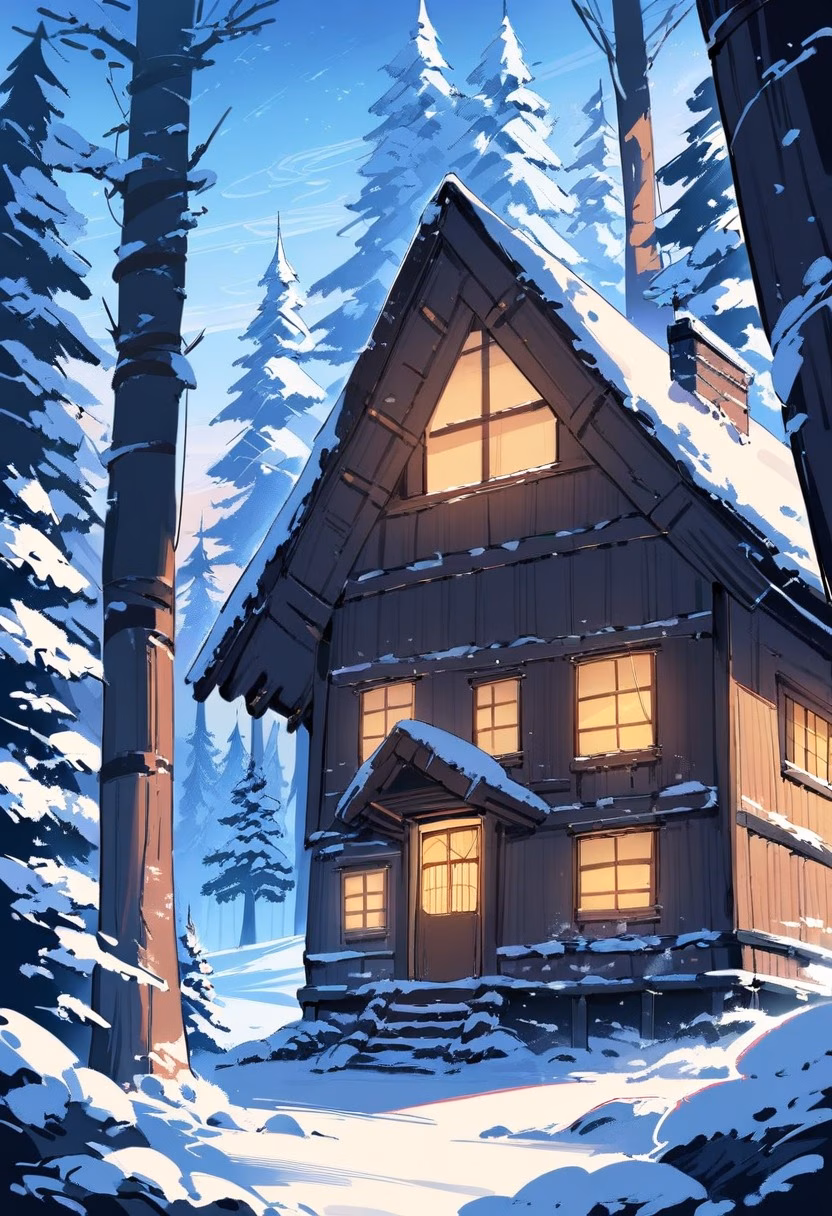 Snowy Forest Cabin — view 5 — cozy wooden cabin in snowy forest, glowing windows, chimney smoke, pine trees, evening snowfall, warm interior light, pe