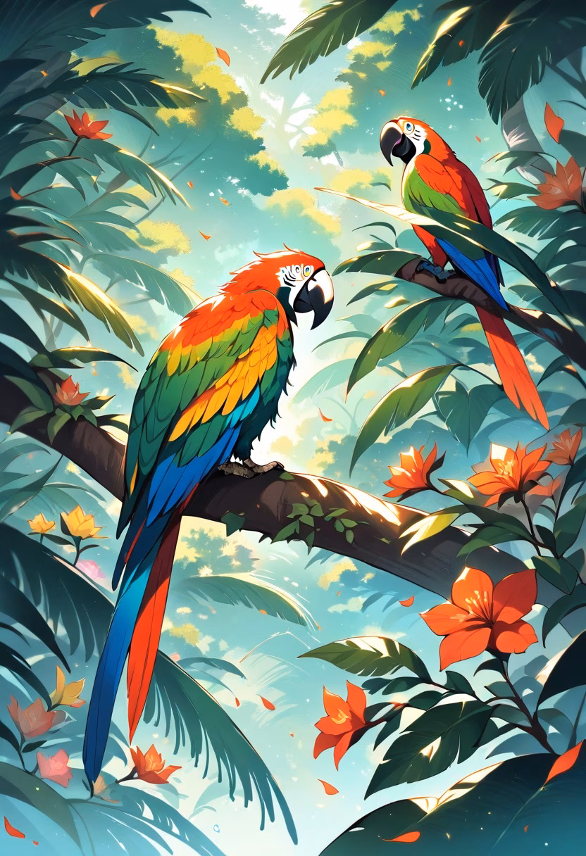 Tropical Macaw — view 1 — colorful macaw perched on tropical branch, lush rainforest, bright feathers, exotic flowers, sunlight through leaves, wi