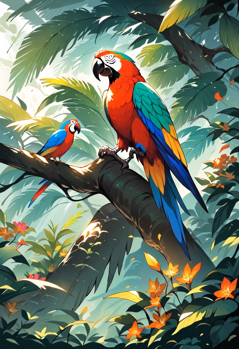 Tropical Macaw — view 2 — colorful macaw perched on tropical branch, lush rainforest, bright feathers, exotic flowers, sunlight through leaves, wi