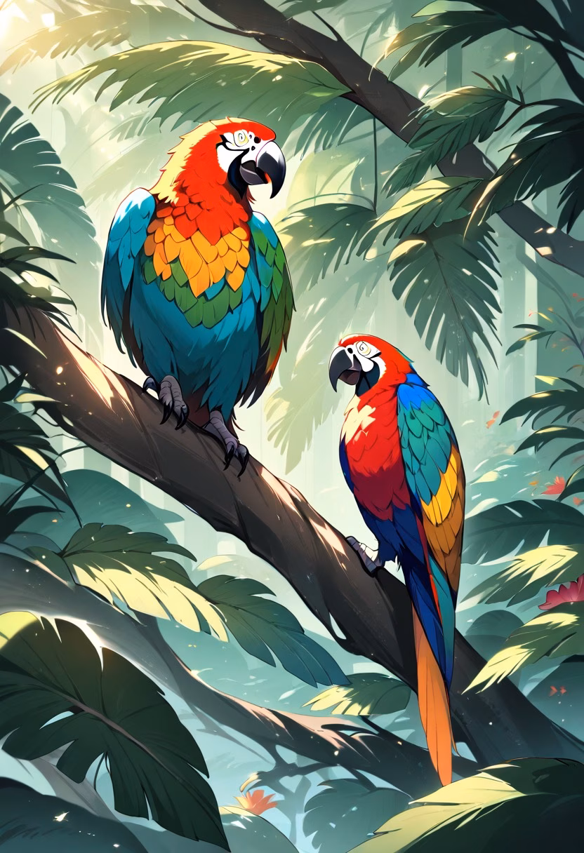 Tropical Macaw — view 3 — colorful macaw perched on tropical branch, lush rainforest, bright feathers, exotic flowers, sunlight through leaves, wi