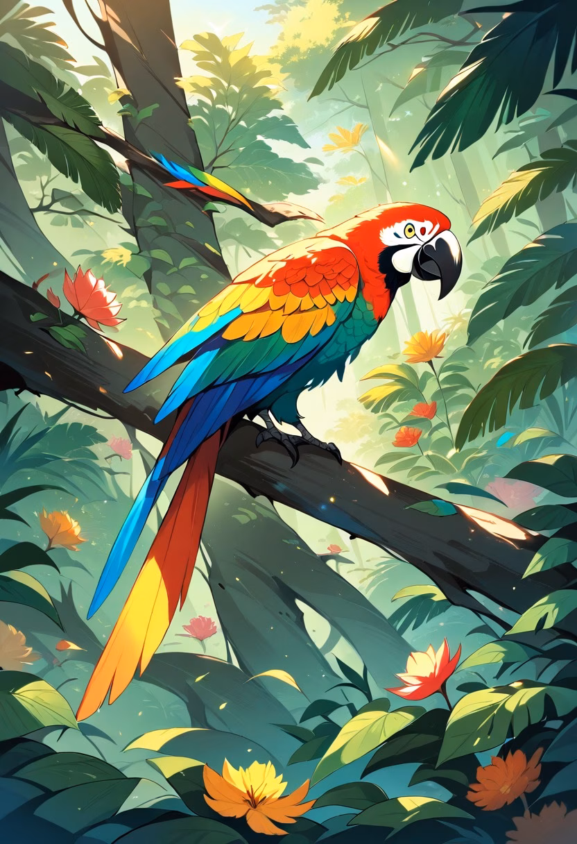 Tropical Macaw — view 4 — colorful macaw perched on tropical branch, lush rainforest, bright feathers, exotic flowers, sunlight through leaves, wi