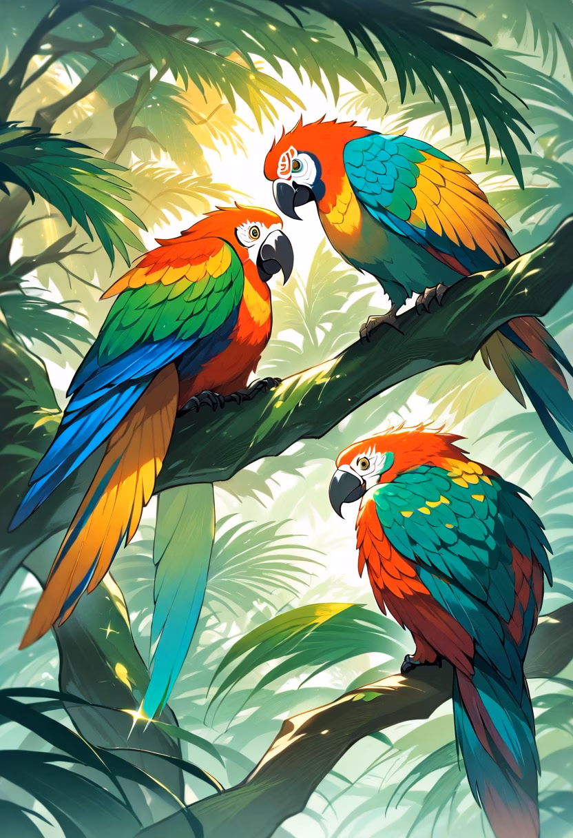 Tropical Macaw — view 5 — colorful macaw perched on tropical branch, lush rainforest, bright feathers, exotic flowers, sunlight through leaves, wi