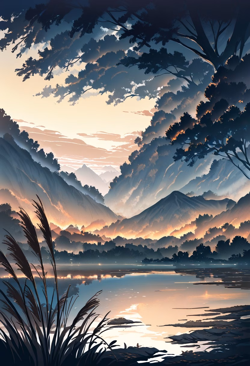 Misty Sunrise Lake — view 1 — peaceful lake at sunrise, mist over water, distant mountains, golden sky, reflections, reeds along shore, tranquil atmos