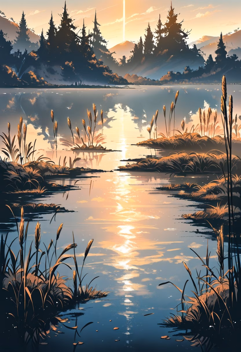 Misty Sunrise Lake — view 2 — peaceful lake at sunrise, mist over water, distant mountains, golden sky, reflections, reeds along shore, tranquil atmos