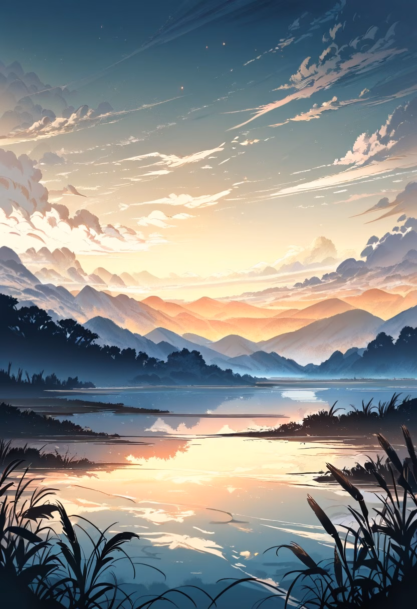 Misty Sunrise Lake — view 3 — peaceful lake at sunrise, mist over water, distant mountains, golden sky, reflections, reeds along shore, tranquil atmos