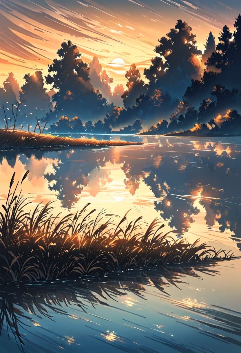 Misty Sunrise Lake — view 4 — peaceful lake at sunrise, mist over water, distant mountains, golden sky, reflections, reeds along shore, tranquil atmos