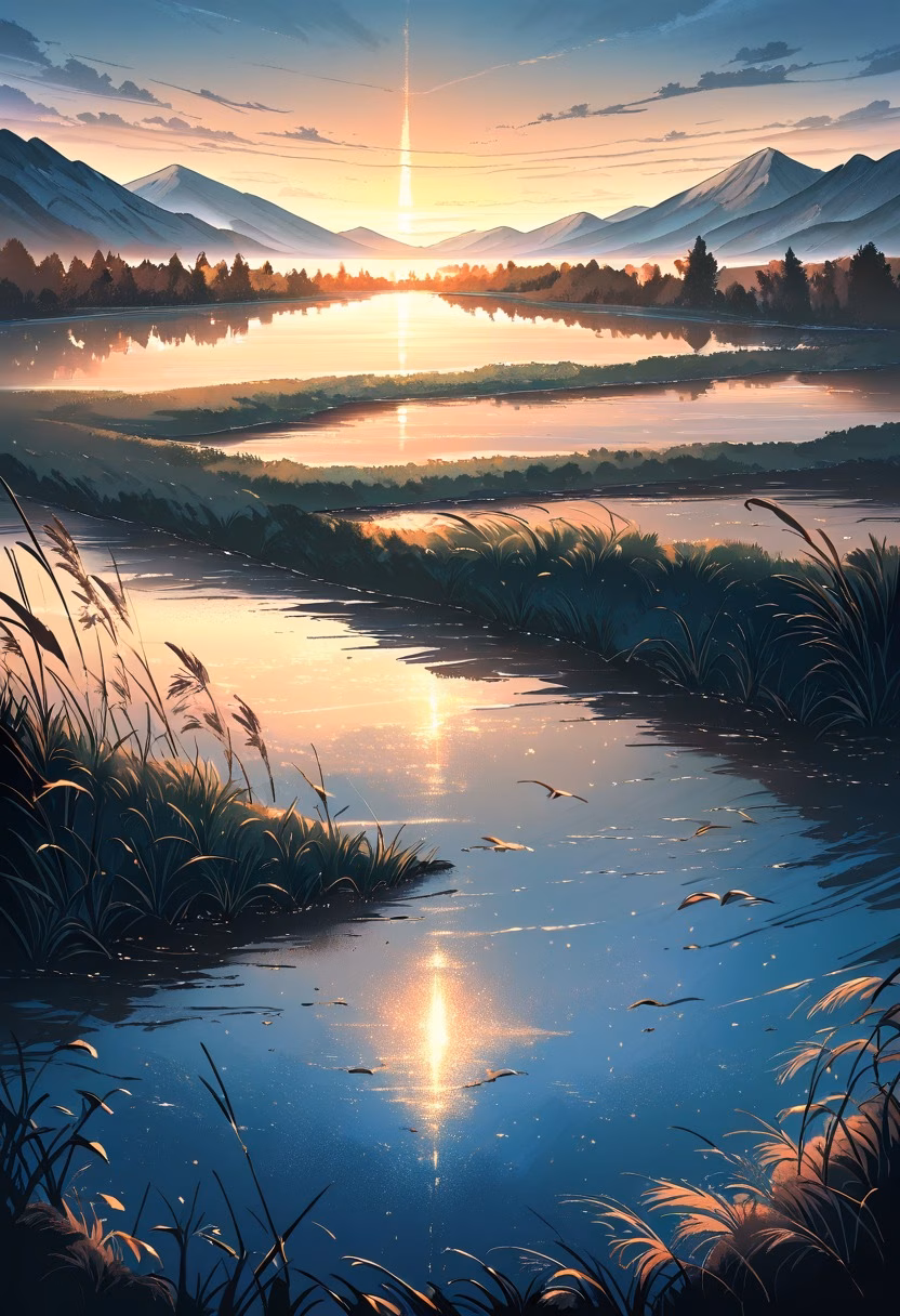 Misty Sunrise Lake — view 5 — peaceful lake at sunrise, mist over water, distant mountains, golden sky, reflections, reeds along shore, tranquil atmos