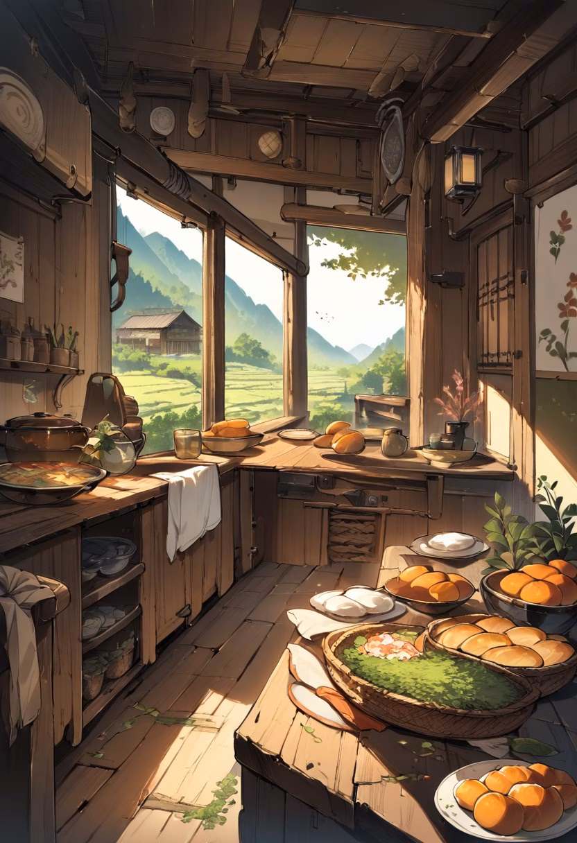 Rustic Country Kitchen — view 1 — rustic wooden kitchen, fresh bread on table, ceramic plates, herbs, sunlight through window, warm countryside home, cozy