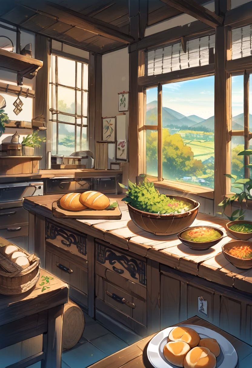 Rustic Country Kitchen — view 2 — rustic wooden kitchen, fresh bread on table, ceramic plates, herbs, sunlight through window, warm countryside home, cozy