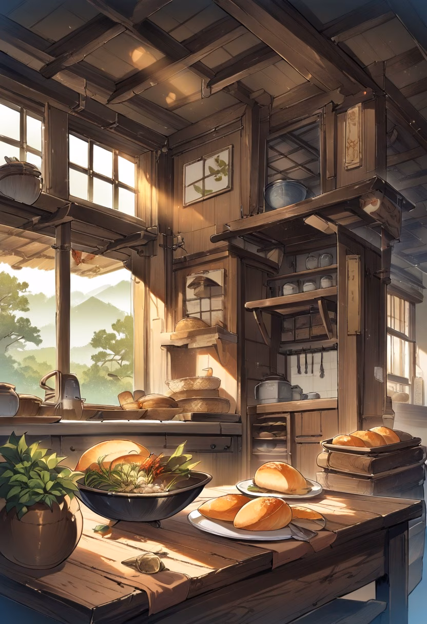 Rustic Country Kitchen — view 3 — rustic wooden kitchen, fresh bread on table, ceramic plates, herbs, sunlight through window, warm countryside home, cozy