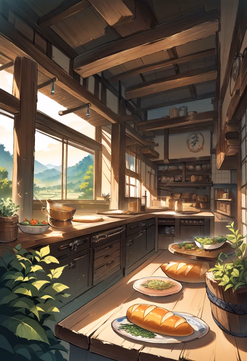 Rustic Country Kitchen — view 4 — rustic wooden kitchen, fresh bread on table, ceramic plates, herbs, sunlight through window, warm countryside home, cozy