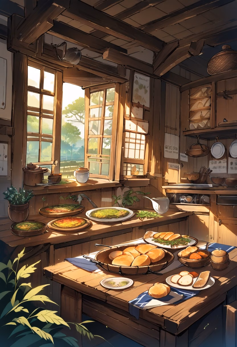 Rustic Country Kitchen — view 5 — rustic wooden kitchen, fresh bread on table, ceramic plates, herbs, sunlight through window, warm countryside home, cozy