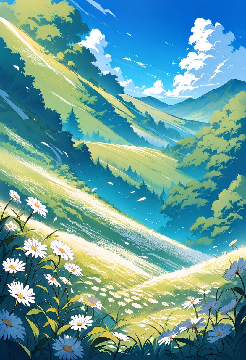 White Daisy Hills — view 1 — field of white daisies, rolling green hills, blue sky, gentle clouds, warm afternoon sunlight, peaceful countryside, vib