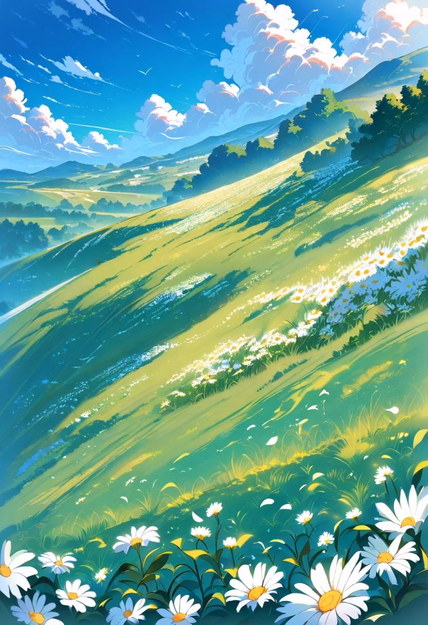 White Daisy Hills — view 2 — field of white daisies, rolling green hills, blue sky, gentle clouds, warm afternoon sunlight, peaceful countryside, vib
