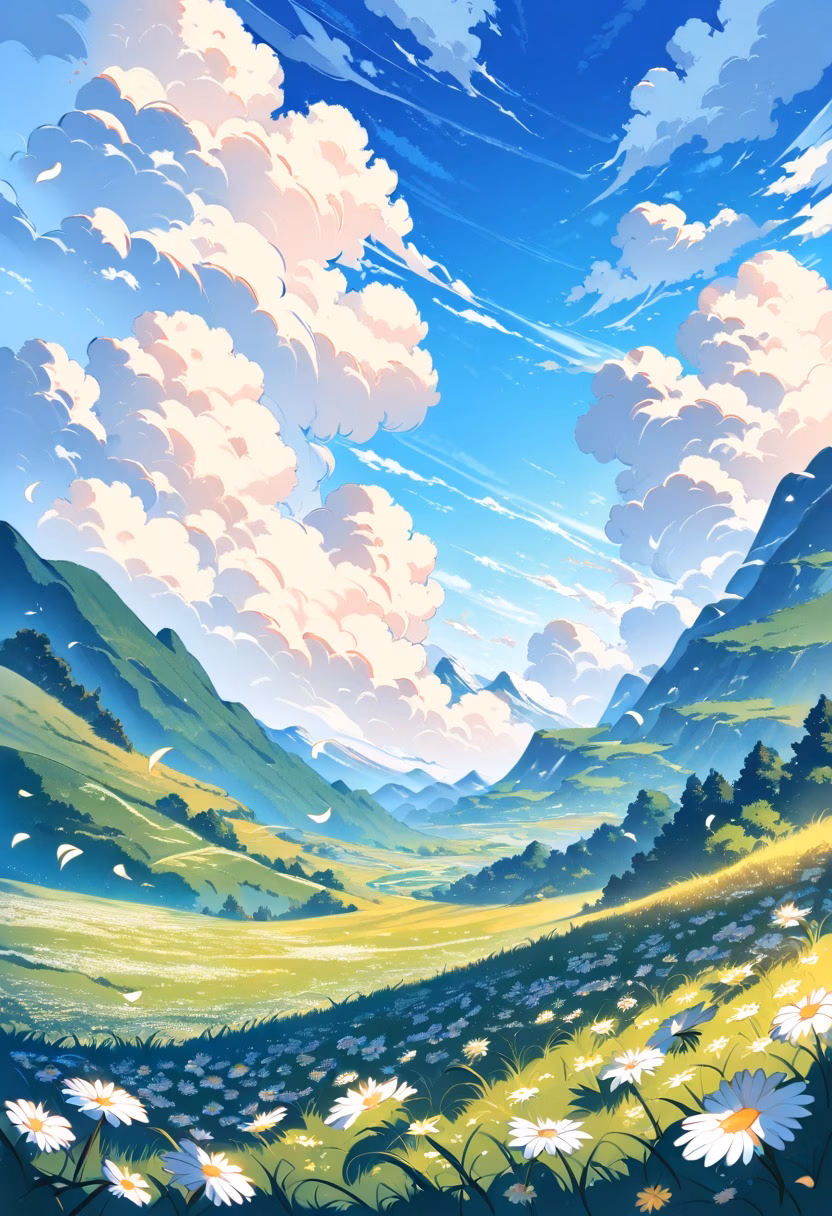 White Daisy Hills — view 3 — field of white daisies, rolling green hills, blue sky, gentle clouds, warm afternoon sunlight, peaceful countryside, vib