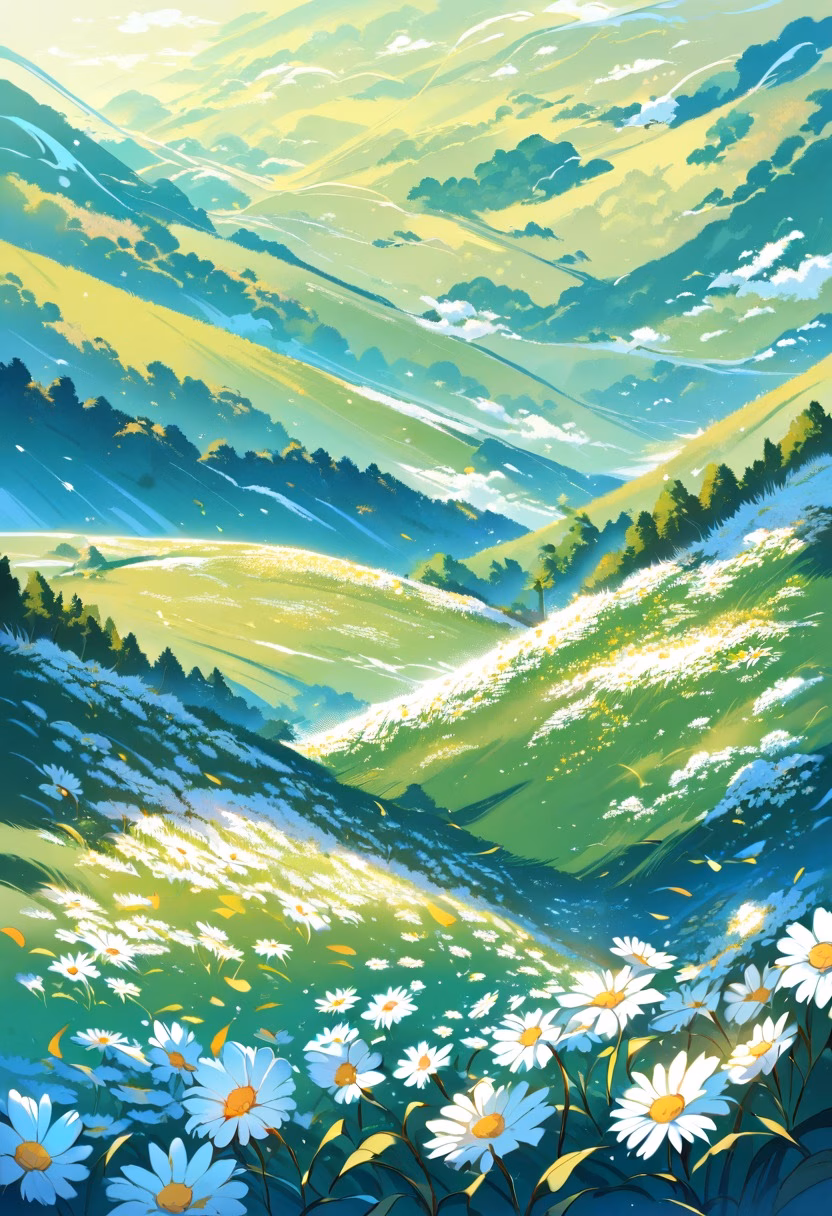 White Daisy Hills — view 4 — field of white daisies, rolling green hills, blue sky, gentle clouds, warm afternoon sunlight, peaceful countryside, vib