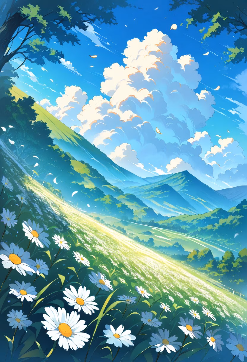 White Daisy Hills — view 5 — field of white daisies, rolling green hills, blue sky, gentle clouds, warm afternoon sunlight, peaceful countryside, vib