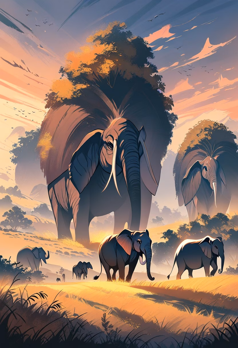 African Elephant Herd — view 2 — elephant herd walking across African savanna, golden grass, acacia trees, sunset sky, majestic wildlife, distant mountai