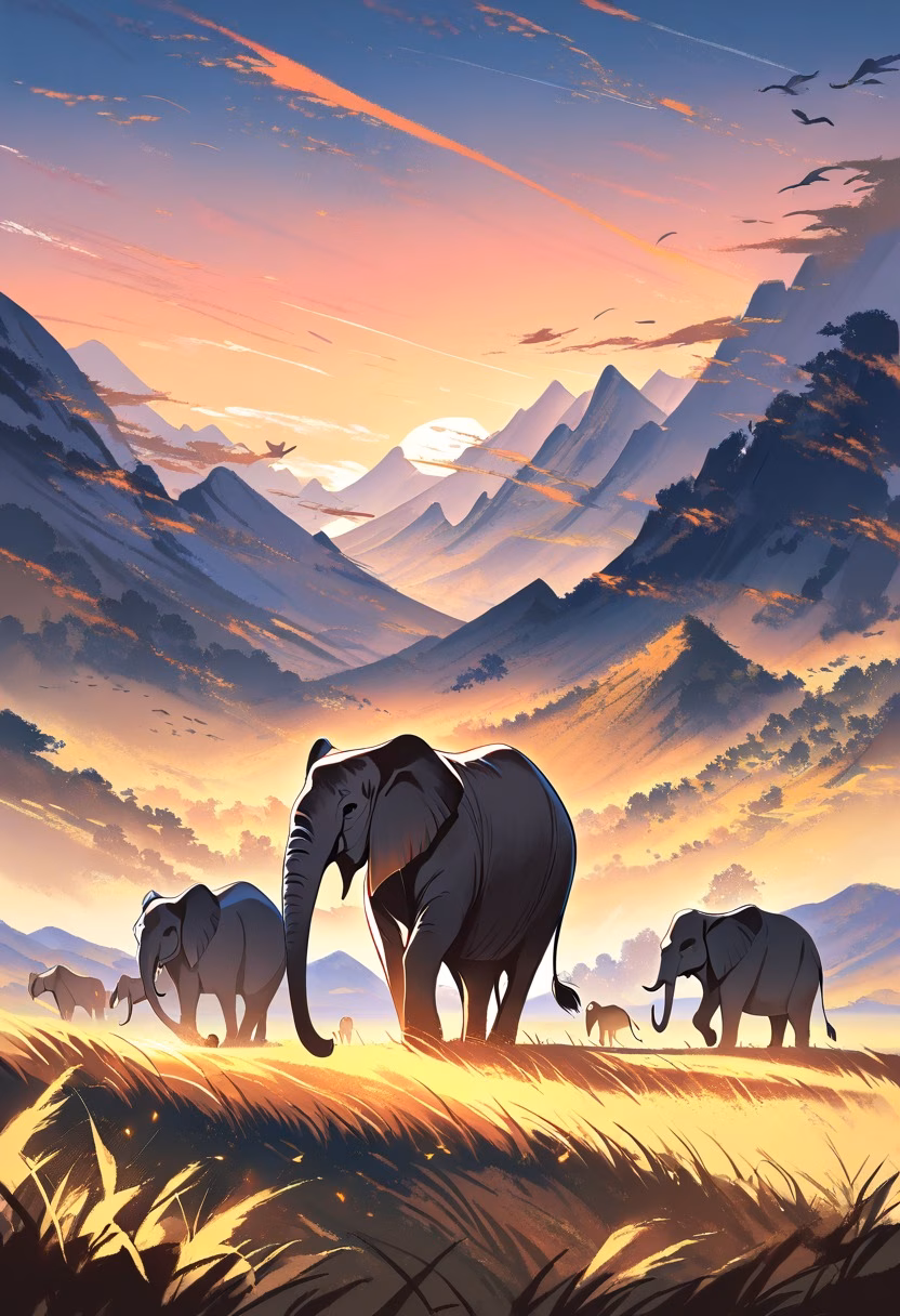 African Elephant Herd — view 3 — elephant herd walking across African savanna, golden grass, acacia trees, sunset sky, majestic wildlife, distant mountai