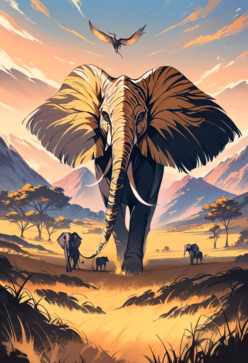 African Elephant Herd — view 4 — elephant herd walking across African savanna, golden grass, acacia trees, sunset sky, majestic wildlife, distant mountai