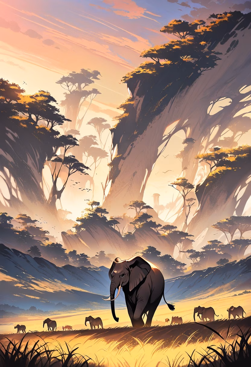 African Elephant Herd — view 5 — elephant herd walking across African savanna, golden grass, acacia trees, sunset sky, majestic wildlife, distant mountai