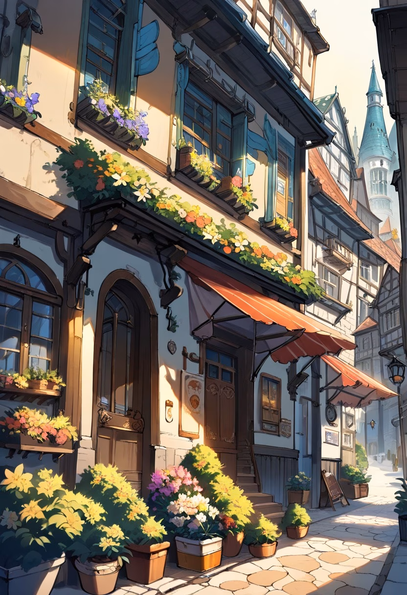 Charming Old Town Street — view 1 — old European street, cobblestone road, historic buildings, flower boxes, warm afternoon light, charming architecture, qu